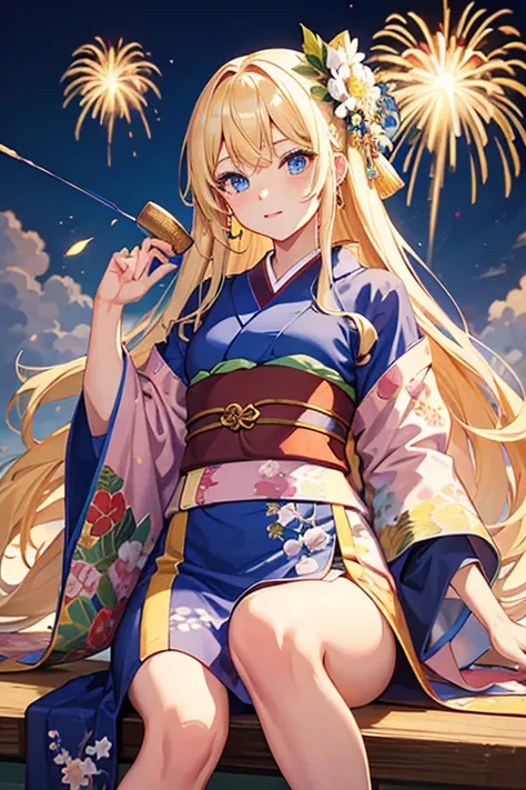 masterpiece, highest quality, High resolution，Follow the prompts、Anime Style、Blonde、Long Hair、blue eyes、Summer festival、firework、kimono