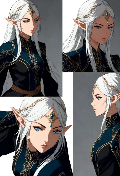 Conceptual design of a beautiful elf ((female)) swordsman, fantasy, to the knees, black elven clothes, fashion design from several angles, side parted white hair, Blue eyes