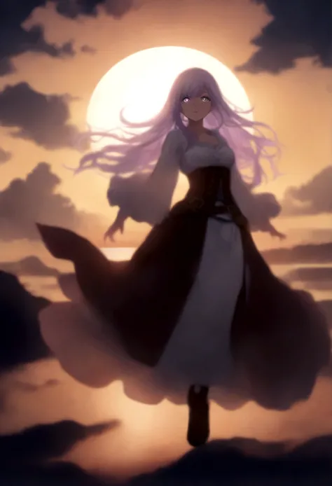 a beautiful woman with long lavender hair with white streaks, heterochromatic eyes with white moons in the pupils, full body, dawn landscape, pirate