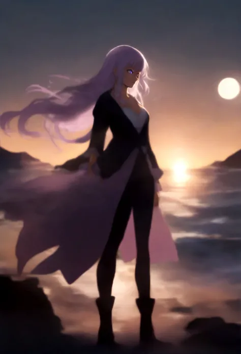 a beautiful woman with long lavender hair with white streaks, heterochromatic eyes with white moons in the pupils, full body, dawn landscape, pirate