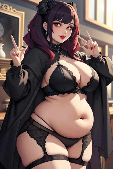 (Masterpiece), (best quality), (detailed), 1girl, chubby goth vampire mistress girl posing with ther belly out, JOI pointing at belly