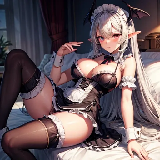 Maid clothes　Half dark elf and half succubus　Alluring thighs　Knee-high socks　Large Breasts　Brown Skin