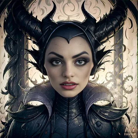 masterpiece, best quality, detailed face, perfect eyes, maleficent, black cowl, demon horns, throne behind her, looking at viewe...