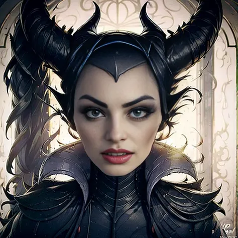 masterpiece, best quality, detailed face, perfect eyes, maleficent, black cowl, demon horns, throne behind her, looking at viewe...