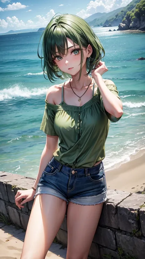 Beautiful woman, aerial view, dark green hair, in the middle of an island. Dressed in a short shirt and shorts
