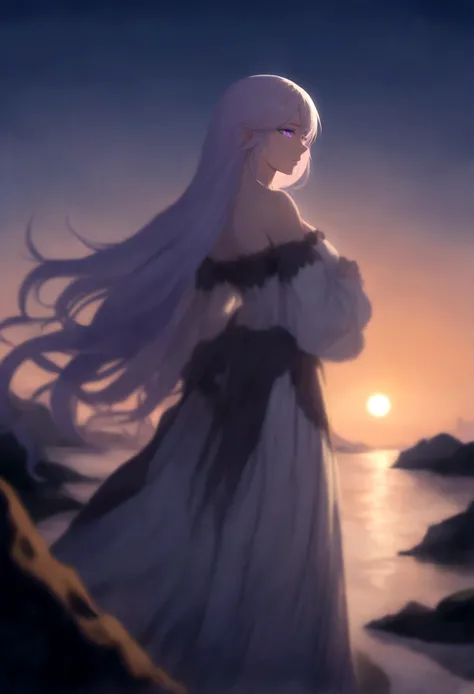 a beautiful woman with long lavender hair with white streaks, heterochromatic eyes with white moons in the pupils, full body, dawn landscape, pirate