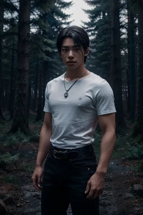 Ji-tae, Yoo Teo., Teen Wolf, 20 years old, short messy white hair, slim muscular build, black eyes, open black shirt, dark blue jeans, black belt, light brown combat boots, silver moon pendant, black misty forest background