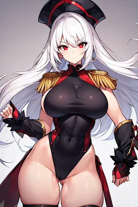 1girl, white hair, large breasts, thick thighs, leotard, knife, red eyes, black leotard, epaulettes, mature female, milf, toned, athletic female, standing