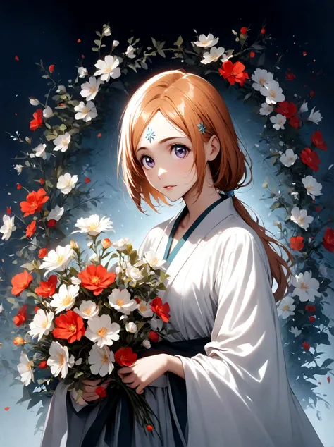 1girl, Inoue Orihime, bleach, Light blond hair, wavy ponytail, dark purple eyes, fair skin, soft face, school uniform, white kimono-style robe, red decoration, simple accessories, elegant temperament, kind, optimistic, selfless, healing ability, Shield Shu...