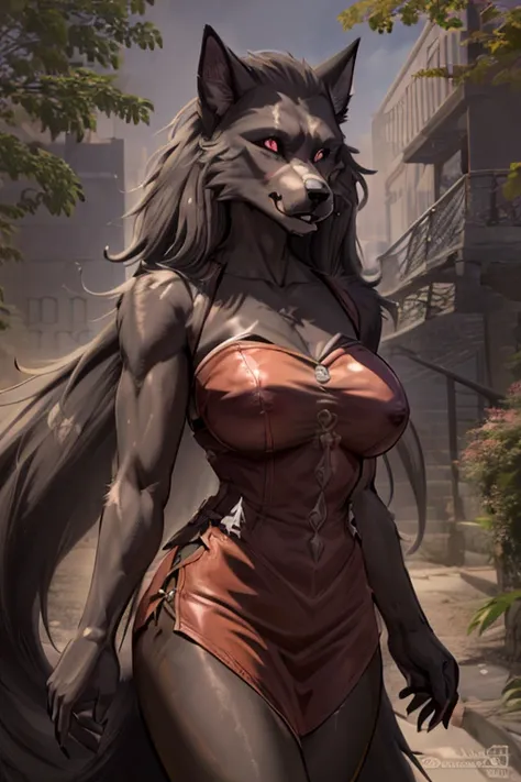 realista, obra maestra, mejor calidad, Antro Lobo, femenino, Cara bastante femenina, furry femenino, nariz canina, senos grandes , grayish and brown fur , Estilo hellhound anthropomorphic , brown deerskin