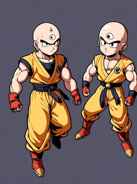 1boy, Dragon Ball, Tien Shinhan, Martial artist, lean muscles, bald head, piercing eyes, third eye, telepathy, telekinesis, red and yellow uniform, sleeveless turtleneck, yellow pants, red boots, fingerless gloves, distinctive logo belt, earrings, elegant