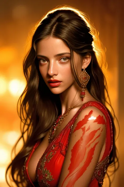 photorealistic portrait of a sensual, alluring woman, detailed face and eyes, full red lips, beautiful long eyelashes, glowing skin, intense gaze, mesmerizing expression, intricate jewelry, ornate golden accessories, luscious textured hair, dramatic chiaro...