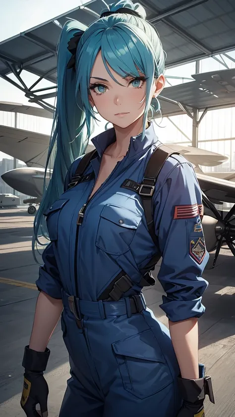 Beautiful woman, dressed as a mechanic, background an aircraft hangar, blue hair, green eyes, long ponytail