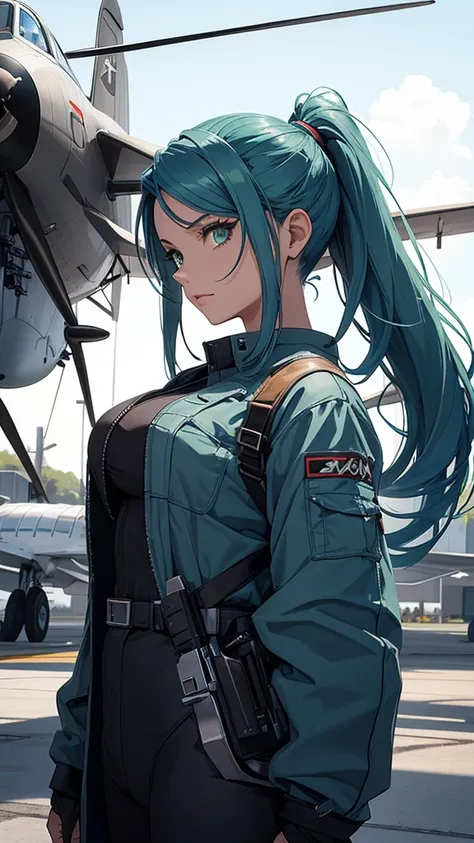 Beautiful woman, dressed as a mechanic, background an aircraft hangar, blue hair, green eyes, long ponytail