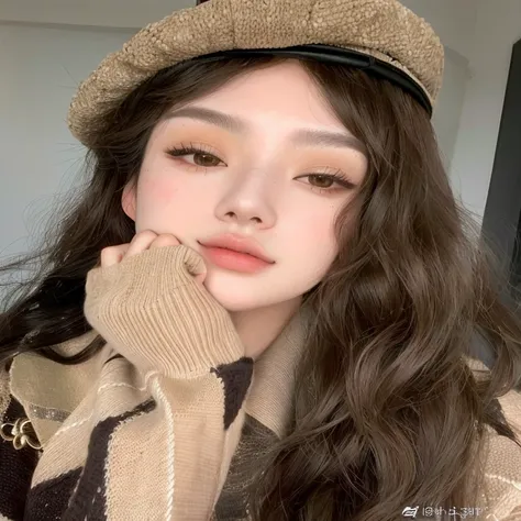 arafed woman con cabello largo wearing a hat and sweater, ulzzang, with brown hair, sakimichan, maquillaje popular de corea del sur, Maquillaje coreano popular, joven y adorable rostro coreano, con cabello largo, pale korean adorable face, 8k selfie photog...