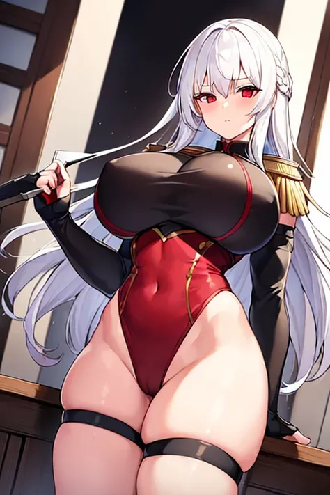 1girl, white hair, large breasts, thick thighs, leotard, knife, red eyes, black leotard, epaulettes, mature female, milf, toned, athletic female, standing