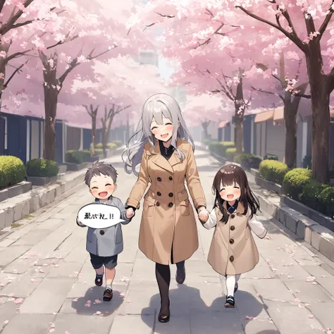 40歳のシングルマザー1people、smile、Brown Coat、Stroll along the cherry blossom-lined streets、Gray Hair、Long Hair、smileで散歩、4 year old child２people、Gray Hair、Holding hands and taking a walk、written emphasis