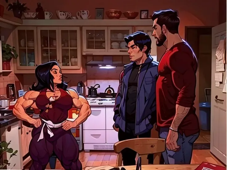 A kitchen setting where a woman with huge muscle wearing a black outfit with her hands on her hip with a serious expression is standing to the left of the pic and to the right of her are two men, one where a shirt and the other man wearing a red sweater, m...