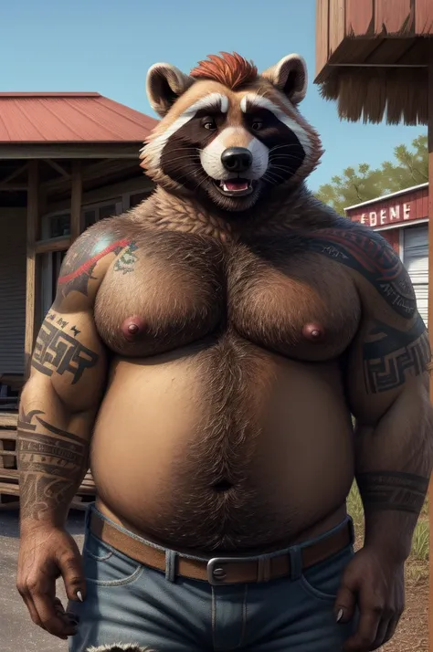 hi res, raccoon, anthro, 4 fingers, blurred background, middle aged mature male, slightly chubby, slightly chubby anthro, slightly chubby male, tail, standing outside at very realistic very detailed very accurate gas station in coastal florida town, solo, ...