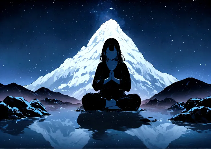 in the middle of the pond、With the mountain tops in the background and the starry sky、A girl meditating on trash at night、universe、starry sky、night、meditation、Meditation pose