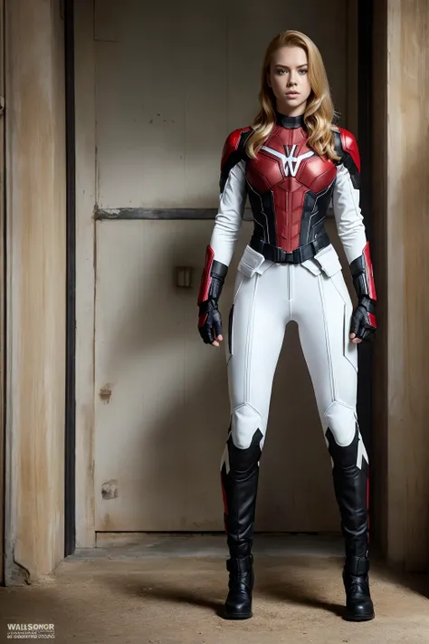 (((full body photo)))  woman daredevil from TV show (black widow), fine detail, blonde hair, 21 year old American female, ((Full body photo, standing, feet on the ground))  8k, photo realistic,  perfect detailed anatomy, perfect detailed face, perfect deta...