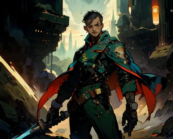 1 man, short black hair, icy and resolute eyes, refined, face details, wears a futuristic two-piece military-style outfit, tall and slender, a short cape, mainly in shades of green, accentuated by touches of red, wears dark pants, holds a futuristic style ...