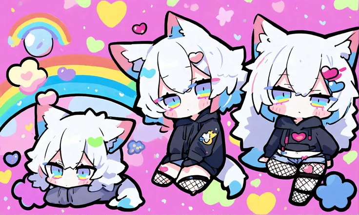 a cute chibi style adult male with wolf ears, white hair, has a wolf tail, wearing a loose cropped oversized black hoodie, wearing a pair of denim short shorts and fishnet stockings, thick thighs, wide hips, relaxing on mound of fluffy multi colored kawaii...