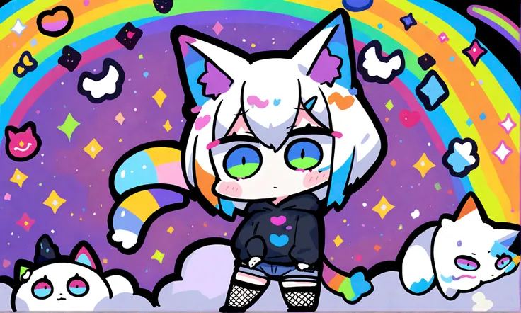 a cute chibi style adult male with wolf ears, white hair, has a wolf tail, wearing a loose cropped oversized black hoodie, wearing a pair of denim short shorts and fishnet stockings, thick thighs, wide hips, relaxing on mound of fluffy multi colored kawaii...