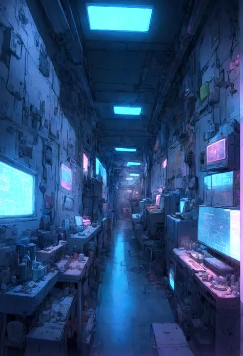 Cyberpunk slum alley overflowing with blue neon light
