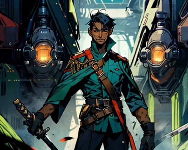 1 man, short black hair, icy and resolute eyes, refined, detailed face, wears a futuristic two-piece military-style outfit, tall and slender, a short cape, mainly in shades of green, accentuated by touches of red, wears dark pants, holds a futuristic style...