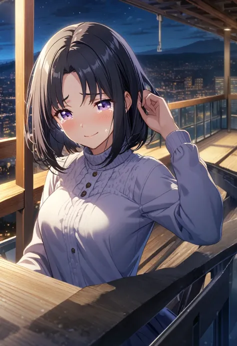 game cg,1girl,one length bob cut hair,parted bangs,black hair,purple eyes,medium breasts,((happy tears)),smile,((tears)),wiping tears,night,outdoor observation deck,