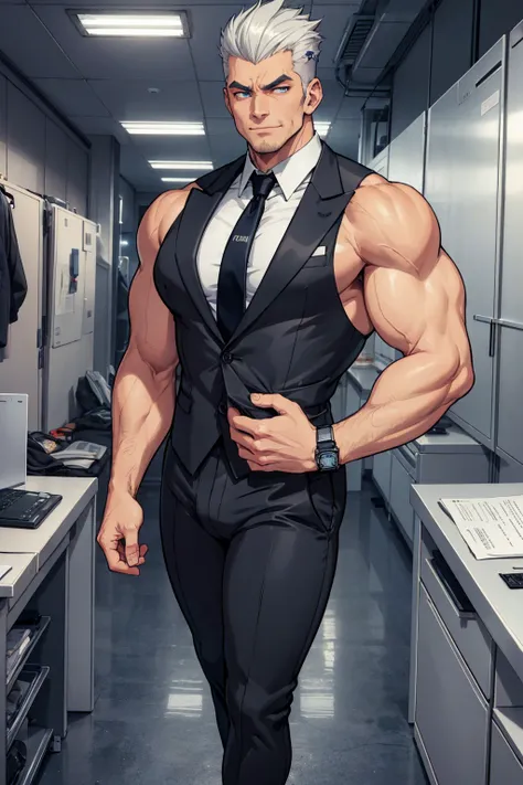 Elderly man, muscular body with gray hair, handsome masculine face, blue eyes, very short white hair in a pompadour, evil smile, wicked expression, huge biceps, huge hairy chest, huge thighs, huge bulge in the groin. He is wearing a black suit with a navy ...