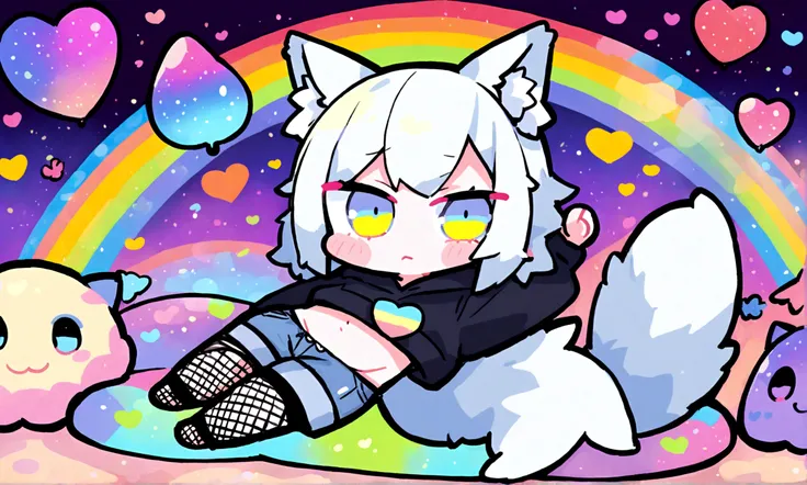 a cute chibi style adult male with wolf ears, white hair, has a wolf tail, wearing a loose cropped oversized black hoodie, wearing a pair of denim short shorts and fishnet stockings, thick thighs, wide hips, relaxing on mound of fluffy multi colored kawaii...