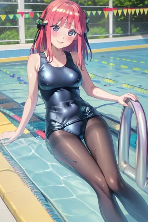 masterpiece, best quality, insanely detailed, beautiful, nino nakano, one-piece swimsuit, breasts, pantyhose, blush, smile, (outdoor swimming pool:1.3), legs spread