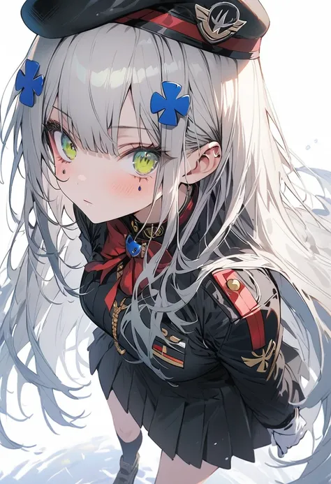 （(1girl)），(((high resolution)))，straight hair,large breatst,Masterpiece，Super detailed，Simple Background，White background，Cool look,((HK416)) ，Expressionless face，(Stand on your own two feet)，（white hair)，((long hair))，White Gloves，Teenage Girls,Clear Eyes...