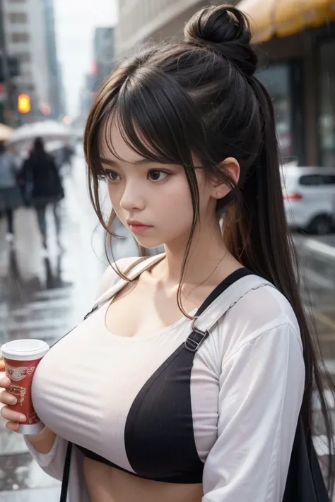 1 girl , big long hair, Bun hairstyle, Upper Body, Close-up photo, facing the camera, D cup breasts, Bulge on chest, angry, Cheeks puffed up,  rain , Street View.