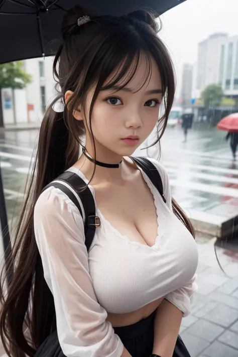 1 girl , big long hair, Bun hairstyle, Upper Body, Close-up photo, facing the camera, D cup breasts, Bulge on chest, angry, Cheeks puffed up,  rain , Street View.