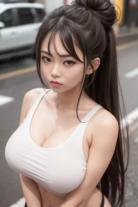 1 girl , big long hair, Bun hairstyle, Upper Body, Close-up photo, facing the camera, D cup breasts, Bulge on chest, angry, Cheeks puffed up,  rain , Street View.