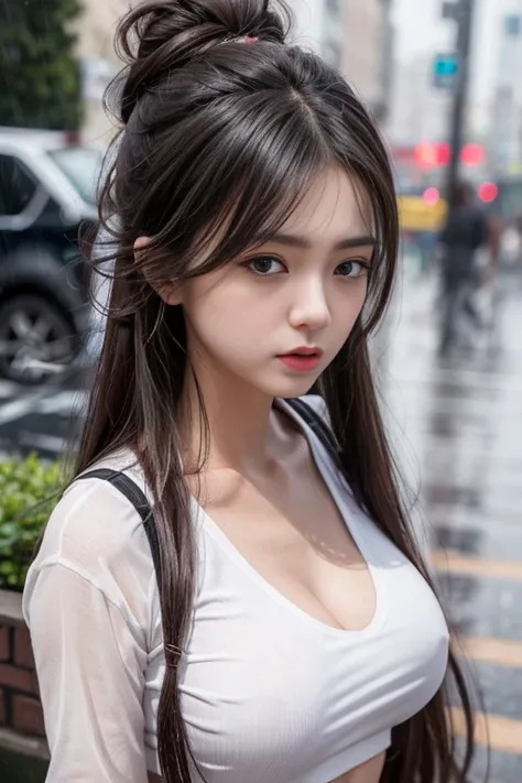 1 girl , big long hair, Bun hairstyle, Upper Body, Close-up photo, facing the camera, D cup breasts, Bulge on chest, Angry pouting, blow into mouth,  rain , Street View.