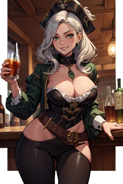 A young silver haired woman with green eyes with an hourglass figure in a pirate outfit is drinking at the bar with a big smile