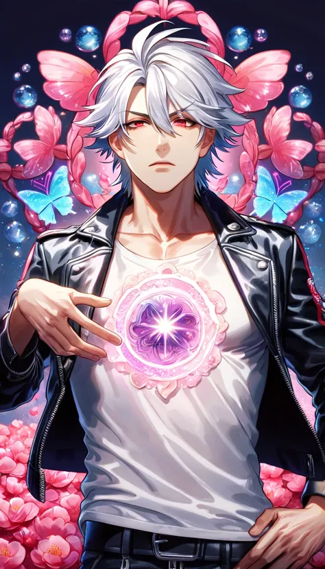 absurdres, highres, ultra detailed, HDR, master piece, best quality, Aohitsugi Samatoki, white hair, expressive red eyes, hypnosis mic, solo, sexy man, handsome, black leather jacket, white shirt, magical, fantasy, shining, water, pink flowers, pink blosso...