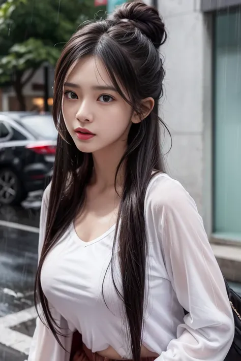 1 girl , big long hair, Bun hairstyle, Upper Body, Close-up photo, facing the camera, D cup breasts, Bulge on chest, angry, shut up, Gathering Qi in the mouth,  rain , Street View.