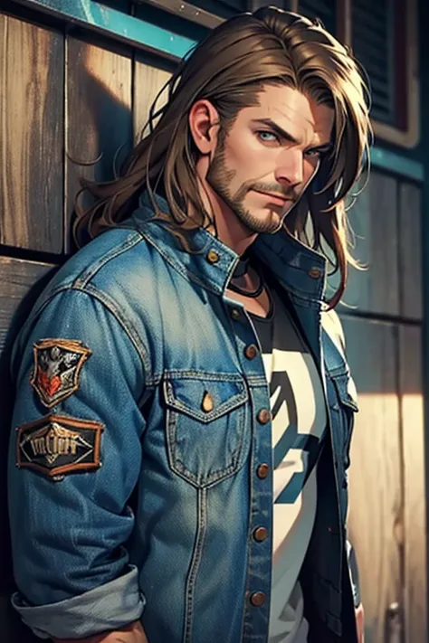 {high quality}, {detailed}, metalhead guy, long sliky brown hair, denim jacket with the several metal-band patch on it, band tee, handsome viking-look face, slight stubble on chin. 
