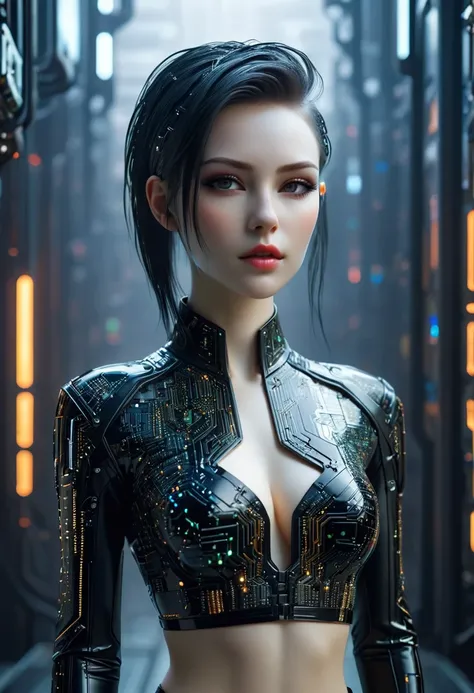 beautiful cyberpunk girl wearing a Futuristic hairpin, (Delicate skin), Pale skin, in a deep neckline, highly detailed sexy Futuristic cyberpunk underpants , black crop top made of circuit boards, Cybernetics, Japanese words with glitter effect, Beautiful ...