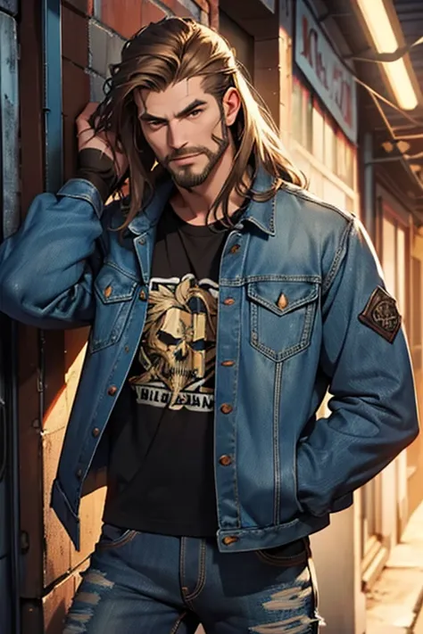 {high quality}, {detailed}, metalhead guy, long sliky brown hair, denim jacket with the several metal-band patch on it, band tee, handsome viking-look face, slight stubble on chin. 
