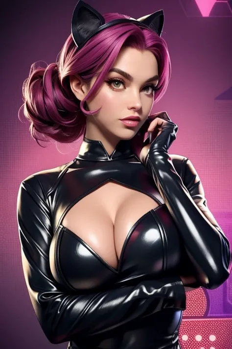 Catwoman from DC Comics,Upper body shot,big breasts,exposed cleavage,sexy provacative pose,  Masterpiece, Best quality, abstracted, Psychedelic, neonlight, (honeycomb pattern), (Creative:1.3), Sy3, SMM, Fantasy00d