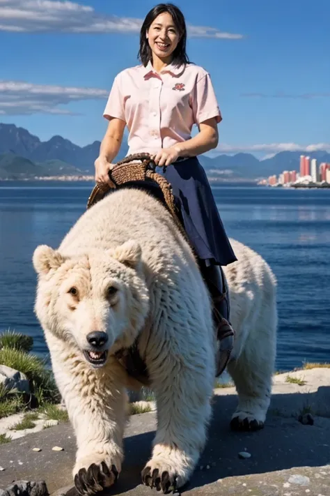 highest quality, Pieces fly, Realistic, High resolution, 8k　RAW Photos,alone, One girl, 30 years old、Standing in the harbor、smile、holding a fish in each hand、Riding a bear、Business Blouse、Business Skirt、High heels