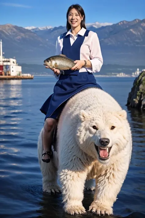 highest quality, Pieces fly, Realistic, High resolution, 8k　RAW Photos,alone, One girl, 30 years old、Standing in the harbor、smile、holding a fish in each hand、Riding a bear、Business Blouse、Business Skirt、High heels