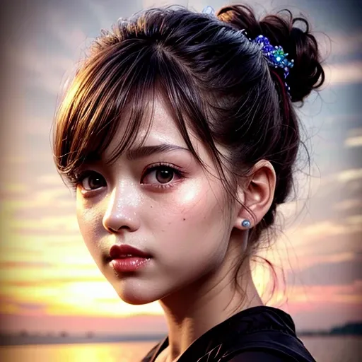 18yo girl in red tube-top dress, Stroll along evening Beach, (Acutance:0.85), Masterpiece of 8K Ultra-detailed, (VolumetricLighting), SmoothShading, (RAW Photo-realistic:1.37), (Close-up:1.4), (Gazing at the sunseting colorful sky) (Dazzling bokeh:1.28), {...