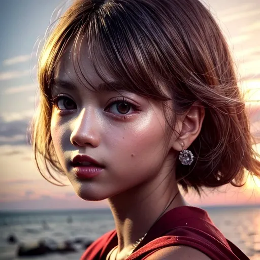 18yo girl in red tube-top dress, Stroll along evening Beach, (Acutance:0.85), Masterpiece of 8K Ultra-detailed, (VolumetricLighting), SmoothShading, (RAW Photo-realistic:1.37), (Close-up:1.4), (Gazing at the sunseting colorful sky) (Dazzling bokeh:1.28), {...